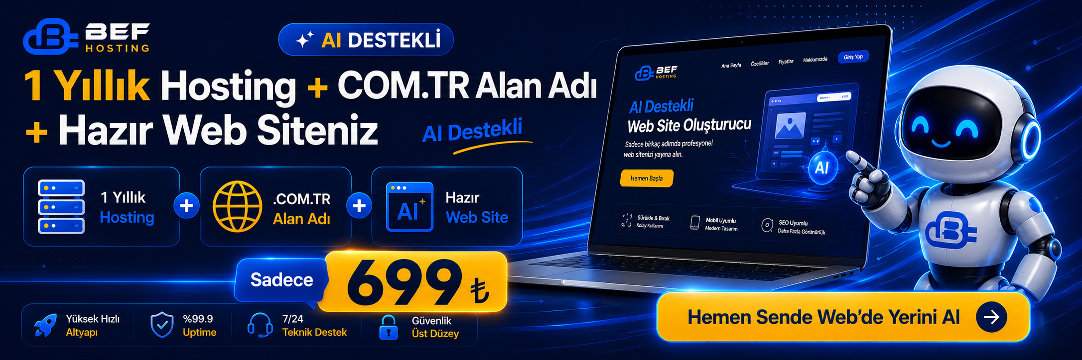 BEF Hosting: AI destekli web sitesi, yıllık hosting ve .COM.TR alan adı kampanyası